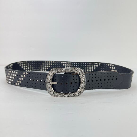 Studded Leather Belt Bling Rhinestone Buckle Black Distressed Women's Belt M - Picture 1 of 9